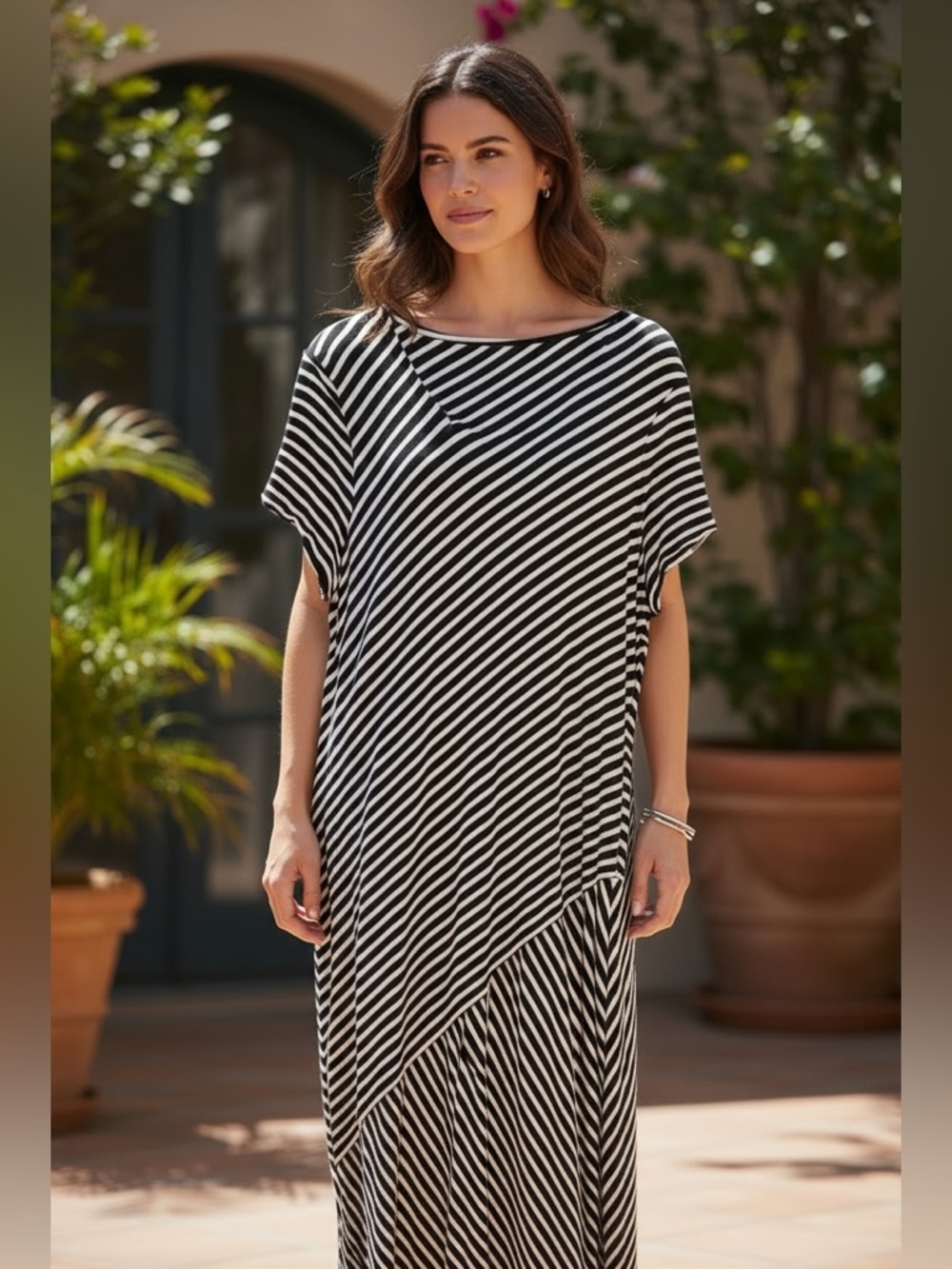 Chico's Striped Maxi Dress Women's Size 12 M Black White Short Sleeve